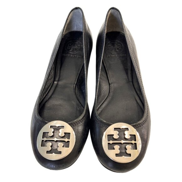 Tory Burch Black Flats with Gold Logo - Picture 1 of 9